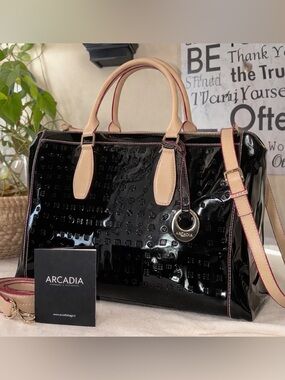 Arcadia Patent Leather Structured Satchel Tote Black Tan w/ Crossbody Strap Luxe